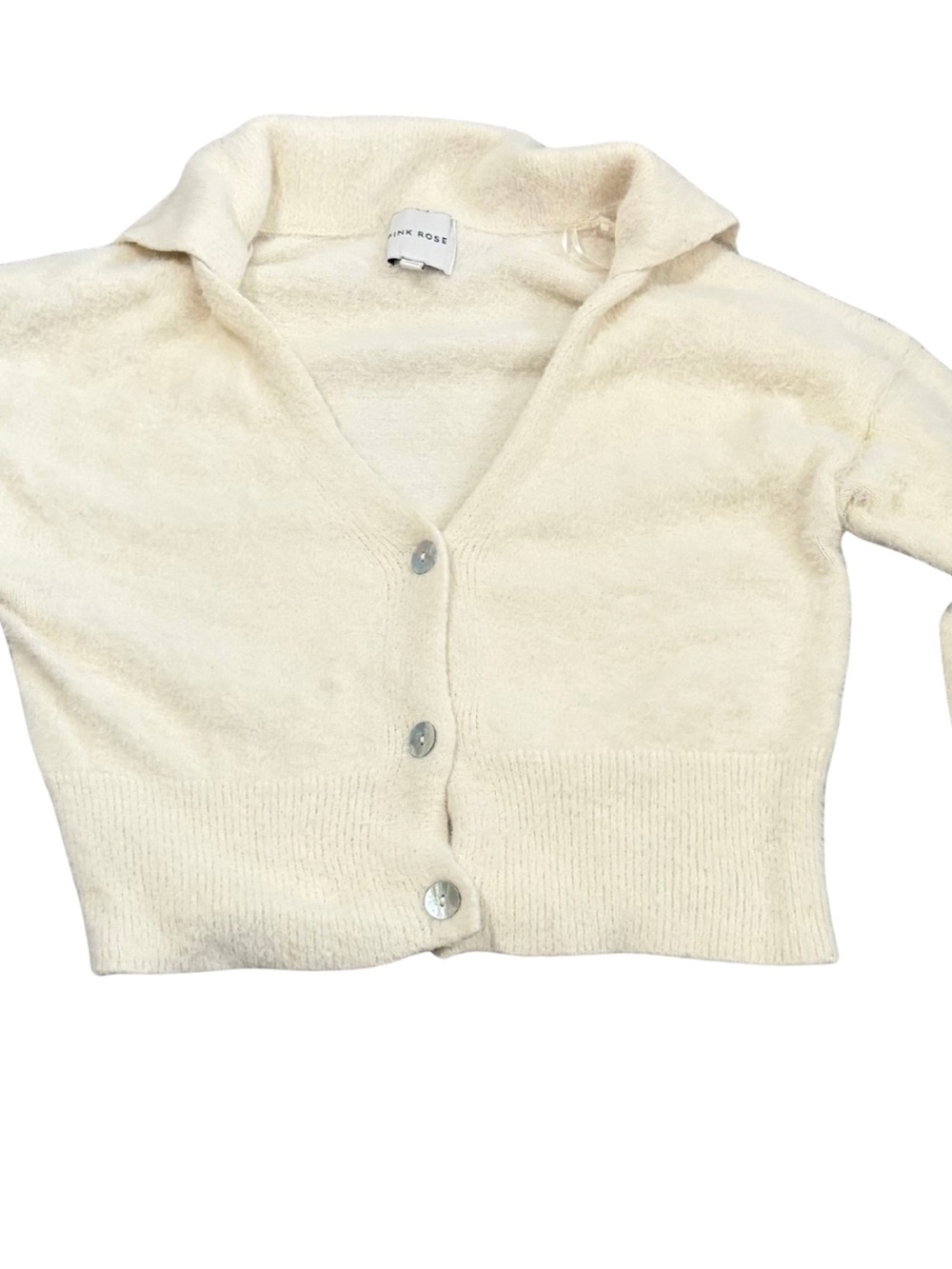 Pink Rose Cream Fuzzy Cropped Collared Cardigan Sweater Large